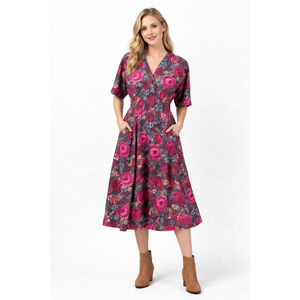 Vintage 1980s Handmade Floral Button Front Dress High Waist Chintz Rose Pockets